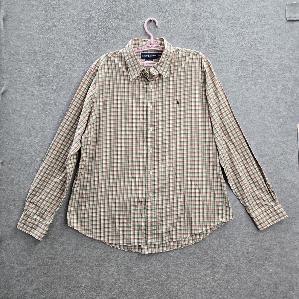 Ralph Lauren Men Button Up Shirt XL Brown Polo Logo Embroidery Plaid Long